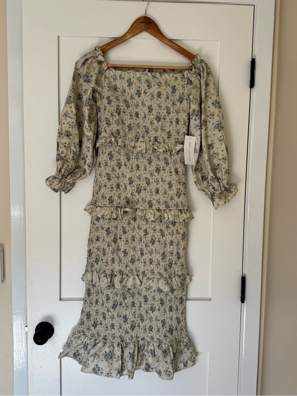Smocked Floral Ruffle Midi Dress in Cream and Blue
